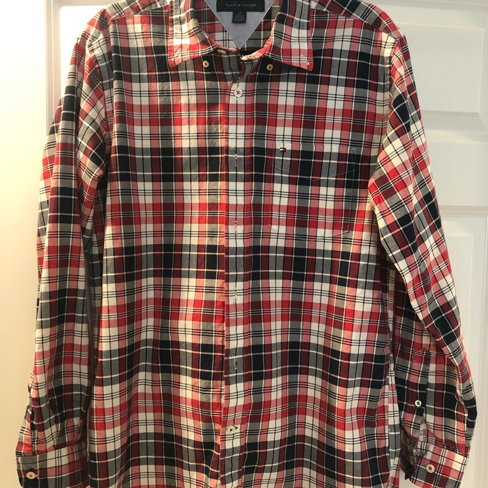 Tommy Hilfiger Men’s Red, Black & White Plaid Button-Down Shirt